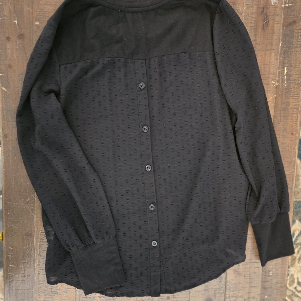 Skies Are Blue Small Black Textured Sheer Sleeve Button Back Office Chic Classic